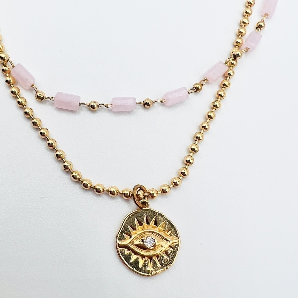 2 minimalist necklaces with evil eye pendant on one clasp